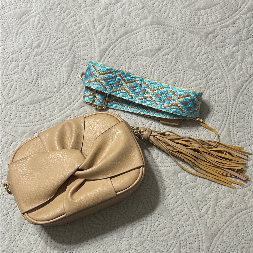 Beige Crossbody Bag with Blue Patterned Strap